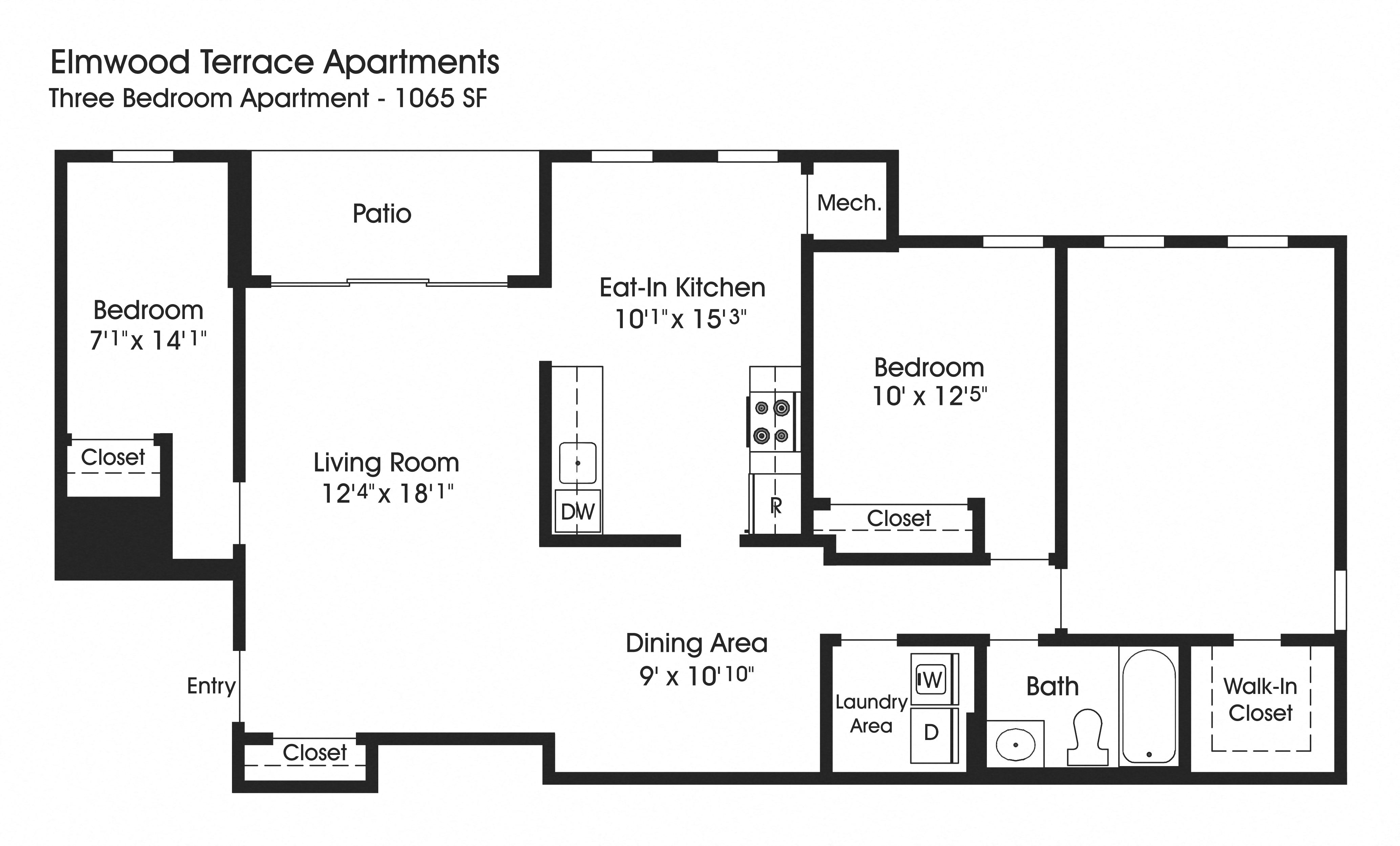 Floor plan for 3 beds, 1 bath, 1065 sqft